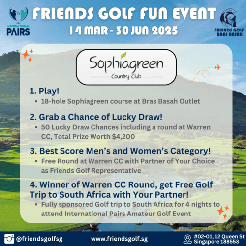 Join the Friends Golf Fun Tournament at Friends Golf Golf Simulator in Singapore! Compete on a championship 18-hole course, win exciting prizes, and network with fellow golfers. Open to all skill levels. Secure your spot today!