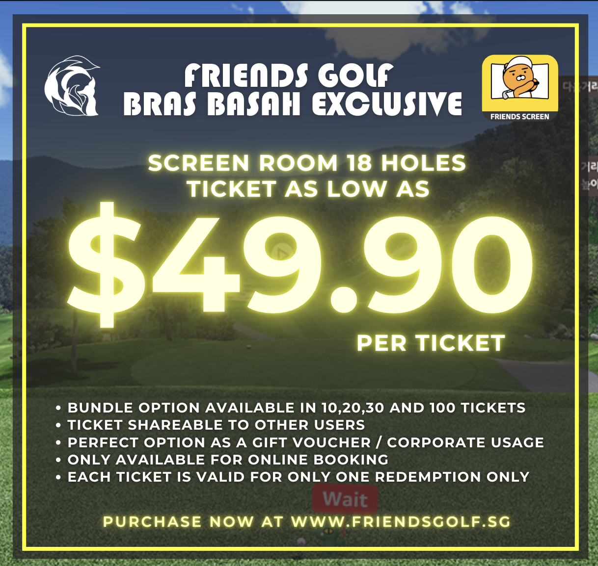 Experience 18 holes at Friends Golf Bras Basah from just $49.90 per ticket. Bundle options are available for larger purchases. Tickets are transferable and ideal for gifting or corporate use. Online booking only.